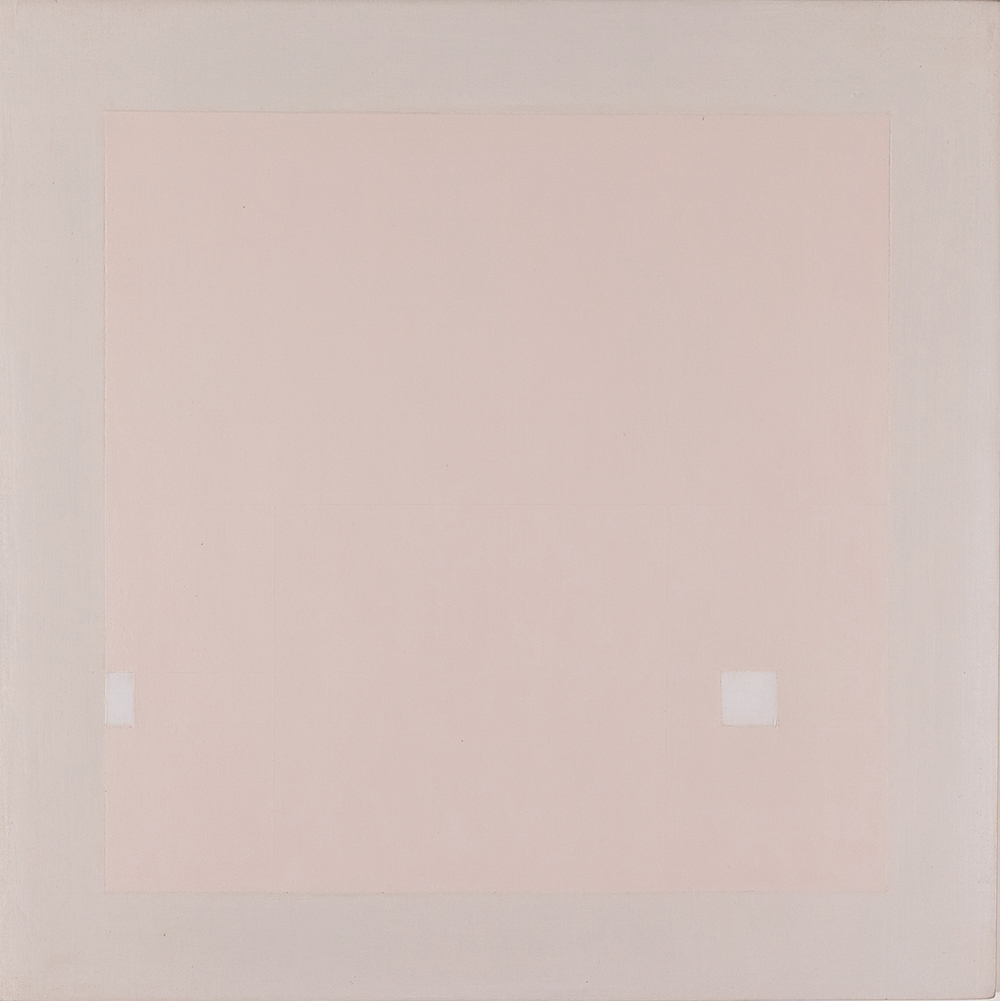 Attrazione quadrata bianca nel rosa 1965 Olio su tavola / Oil on board 27 x 27 cm / 10,6 x 10,6 in Firmato e datato / Signed and dated PROVENANCE Galerie Suzanne Bollag, Zürich