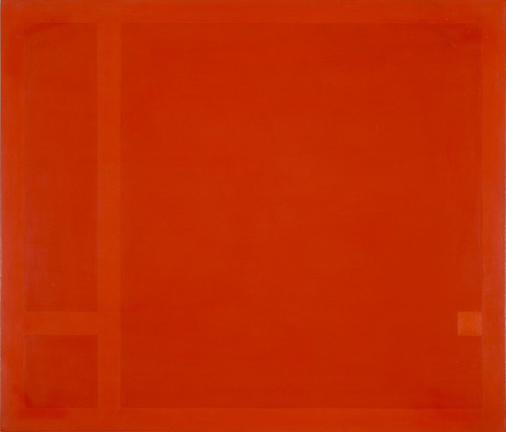 ANTONIO CALDERARA Attrazione quadrata gialla in dimensione di rosso 1965-66 Olio su tavola 54 x 63 cm Firmato e datato e titolato